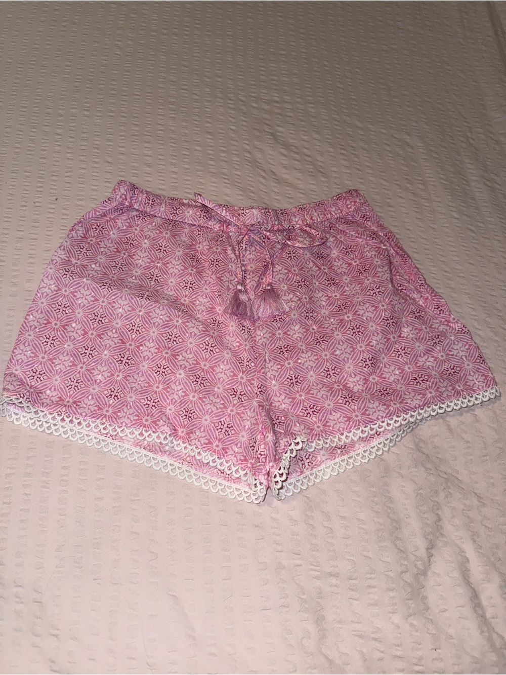 Haute Hippie Style Pink Geometric Lace-Trim Sleep Shorts